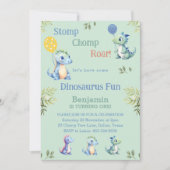 かわいいグリーンボーイ恐竜1歳の誕生日パーティー 招待状 (正面)
