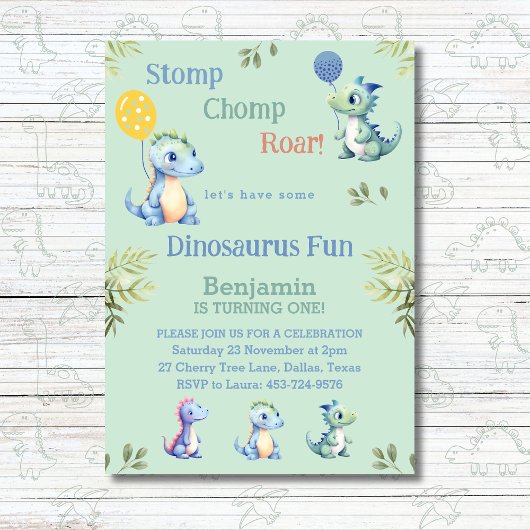 かわいいグリーンボーイ恐竜1歳の誕生日パーティー 招待状
