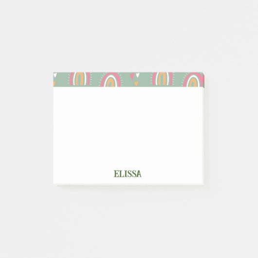 かわいいグリーンボーホレインボーハート名パーソナライズされた ポストイット (正面)
