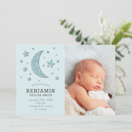 かわいいグリーンムーンアンドスターズベビーフォト誕生 案内状 (スタンド正面)