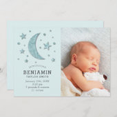 かわいいグリーンムーンアンドスターズベビーフォト誕生 案内状 (正面/裏面)