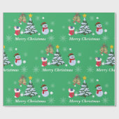 かわいいグリーンメリークリスマス雪だるまクリスマスツリー ラッピングペーパー (フラット)