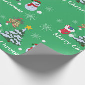 かわいいグリーンメリークリスマス雪だるまクリスマスツリー ラッピングペーパー (角)