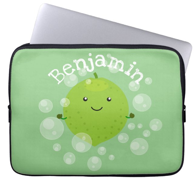 かわいいグリーンライムバブル漫画イラストレーション ラップトップスリーブ (正面)
