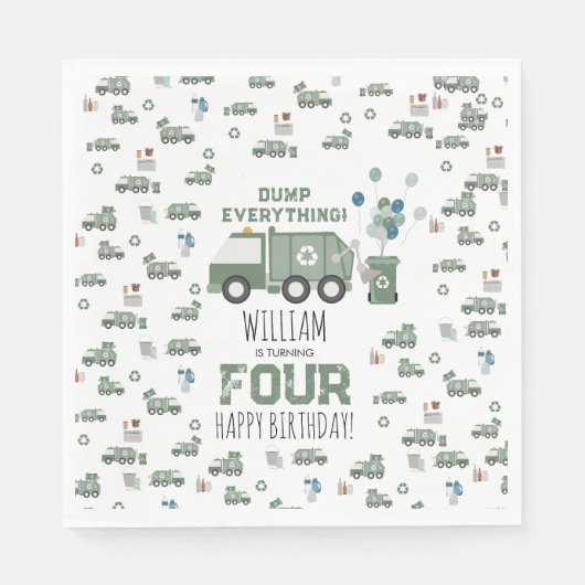 かわいいグリーンリサイクルトラックキッズネーム年齢誕生日 スタンダードランチョンナプキン (正面)