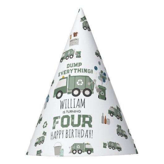 かわいいグリーンリサイクルトラックキッズネーム年齢誕生日 パーティーハット (正面)
