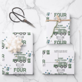 かわいいグリーンリサイクルトラックキッズネーム年齢誕生日 ラッピングペーパーシート