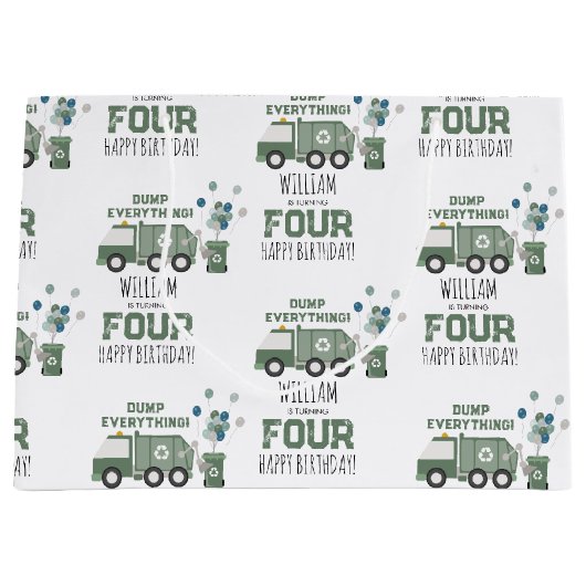 かわいいグリーンリサイクルトラックキッズネーム年齢誕生日 ラージペーパーバッグ (正面)