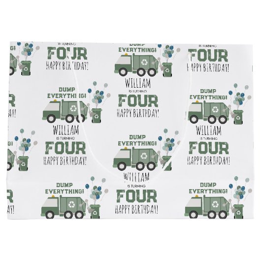 かわいいグリーンリサイクルトラックキッズネーム年齢誕生日 ラージペーパーバッグ (裏面)
