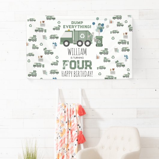 かわいいグリーンリサイクルトラックキッズネーム年齢誕生日 横断幕 (インサイチュ)