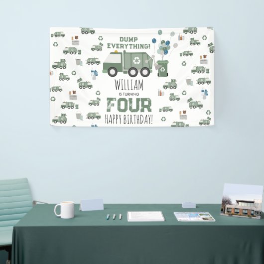 かわいいグリーンリサイクルトラックキッズネーム年齢誕生日 横断幕 (トレードショー)