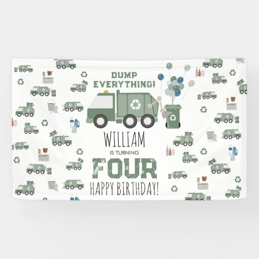 かわいいグリーンリサイクルトラックキッズネーム年齢誕生日 横断幕 (横)