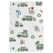 かわいいグリーンリサイクルトラックキッズ車のパターン ミディアムペーパーバッグ (裏面)