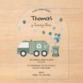 かわいいグリーンリサイクルトラックボーイズビークル誕生日 アクリル招待状 (正面)