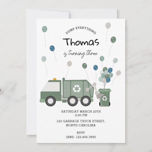 かわいいグリーンリサイクルトラックボーイズビークル誕生日 招待状 (正面)