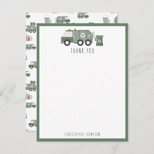 かわいいグリーンリサイクルトラック車の子供の名前 サンキューカード (正面/裏面)
