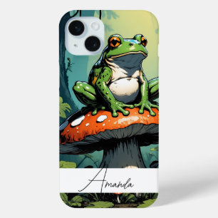 かわいいグリーンヴィンテージカエルとキノコ名前をカスタムする iPhone 15 MINIケース