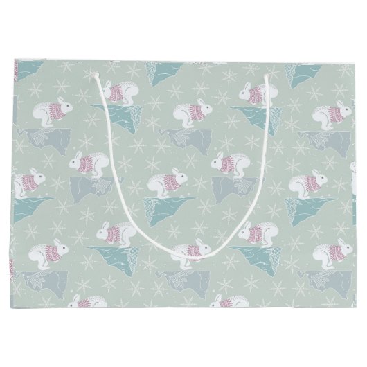 かわいいグリーン冬のクリスマスバニーセーター雪片 ラージペーパーバッグ (裏面)