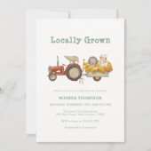かわいいグリーン地元で栽培されたファームトラクターベビーブシャワー 招待状 (正面)
