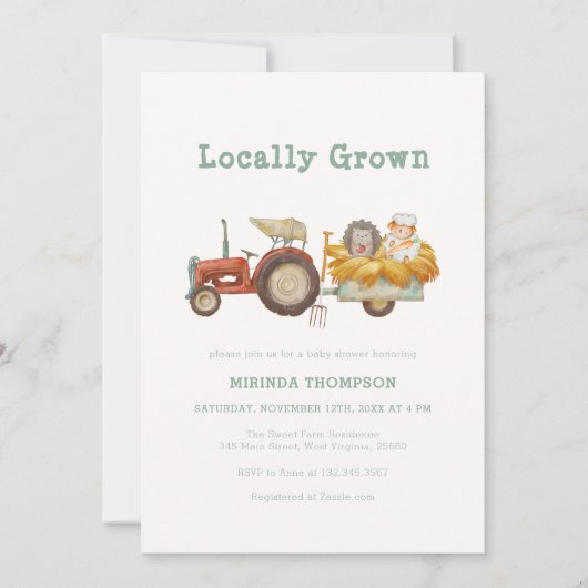 かわいいグリーン地元で栽培されたファームトラクターベビーブシャワー 招待状 (正面)