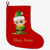 かわいいグリーン小妖精や小人キッズクリスマスストッキング ラージクリスマスストッキング (正面)