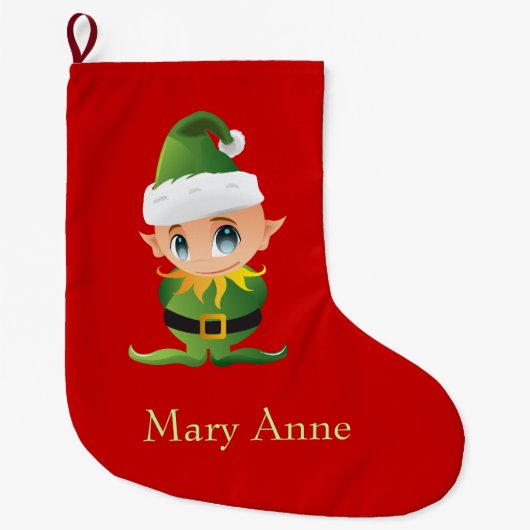 かわいいグリーン小妖精や小人キッズクリスマスストッキング ラージクリスマスストッキング (正面)