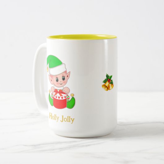 かわいいグリーン小妖精や小人クリスマスプレゼント ツートーンマグカップ (正面左)