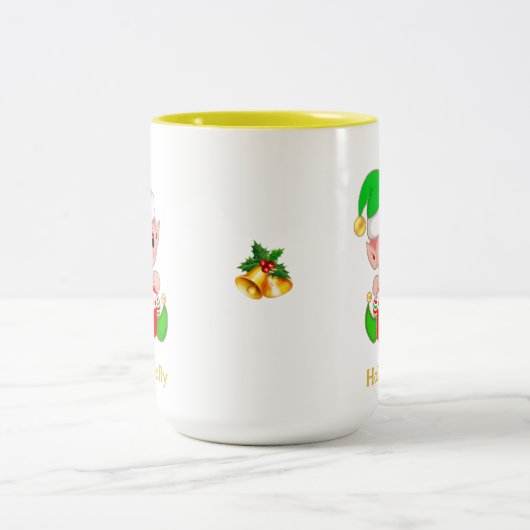 かわいいグリーン小妖精や小人クリスマスプレゼント ツートーンマグカップ (中央)