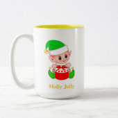 かわいいグリーン小妖精や小人クリスマスプレゼント ツートーンマグカップ (左)