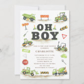 かわいいグリーン建築トラックベビーシャワーインビタティ 招待状 (正面)