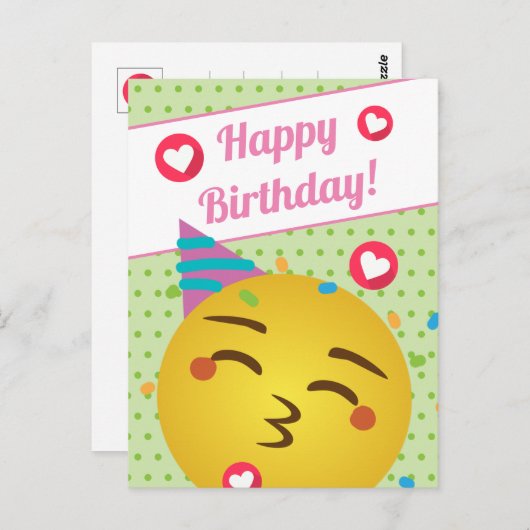 かわいいグリーン水玉模様キス絵文字ハッピーバースデー ポストカード (正面/裏面)