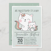 かわいいグリーン猫の男の子の赤ちゃんシャワー 招待状 (正面/裏面)