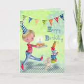 かわいいグリーン誕生日ボーイイラストレーション カード (正面)