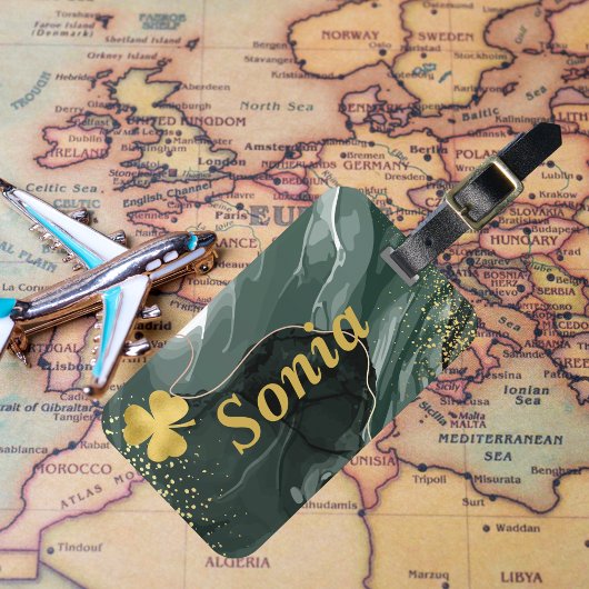 かわいいグリーン金ゴールド大理石&金ゴールドクローバーセントパトリック ラゲッジタグ