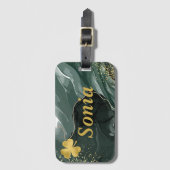 かわいいグリーン金ゴールド大理石&金ゴールドクローバーセントパトリック ラゲッジタグ (正面縦)