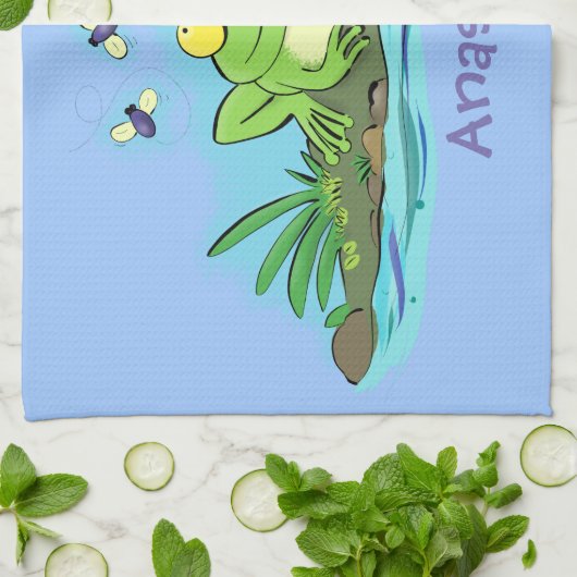 かわいいグリーン飢えたカエル漫画イラストレーション キッチンタオル (折り畳み)