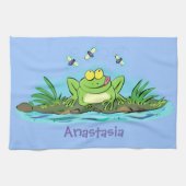 かわいいグリーン飢えたカエル漫画イラストレーション キッチンタオル (横)