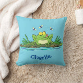 かわいいグリーン飢えたカエル漫画イラストレーション クッション (ブランケット)