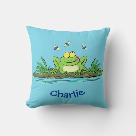 かわいいグリーン飢えたカエル漫画イラストレーション クッション (正面)