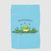 かわいいグリーン飢えたカエル漫画イラストレーション ゴルフタオル (正面)