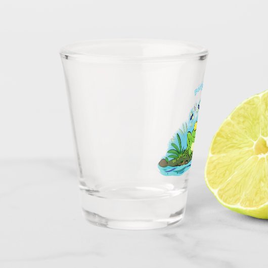 かわいいグリーン飢えたカエル漫画イラストレーション ショットグラス (左)