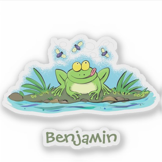 かわいいグリーン飢えたカエル漫画イラストレーション シール (正面)