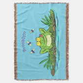 かわいいグリーン飢えたカエル漫画イラストレーション スローブランケット (正面縦)