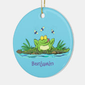 かわいいグリーン飢えたカエル漫画イラストレーション セラミックオーナメント (左)