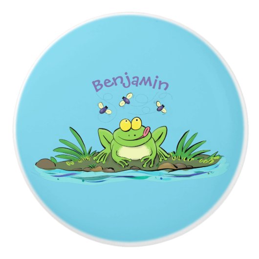 かわいいグリーン飢えたカエル漫画イラストレーション セラミックノブ (正面)