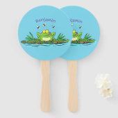 かわいいグリーン飢えたカエル漫画イラストレーション ハンドファン (正面&裏面)