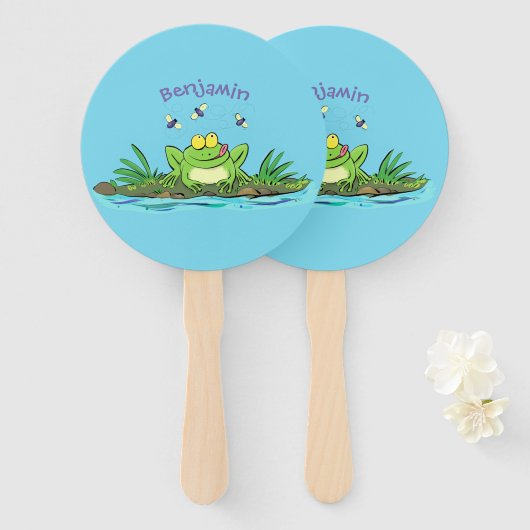 かわいいグリーン飢えたカエル漫画イラストレーション ハンドファン (正面&裏面)