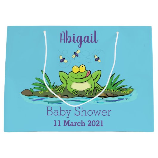 かわいいグリーン飢えたカエル漫画イラストレーション ラージペーパーバッグ (正面)