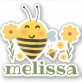 かわいいグリーン&イエローウォーター色のミツバチ&名前 シール (正面)