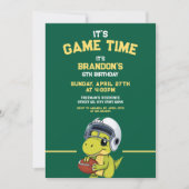 かわいいグリーン&イエローサッカー恐竜誕生日 招待状 (正面)